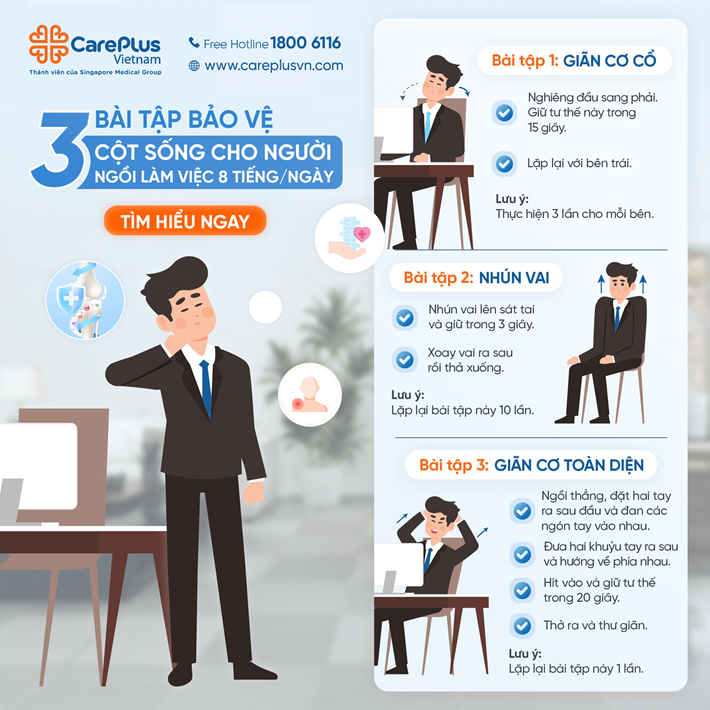 3 BÀI TẬP BẢO VỆ CỘT SỐNG CHO NGƯỜI NGỒI LÀM VIỆC 8 TIẾNG/NGÀY 